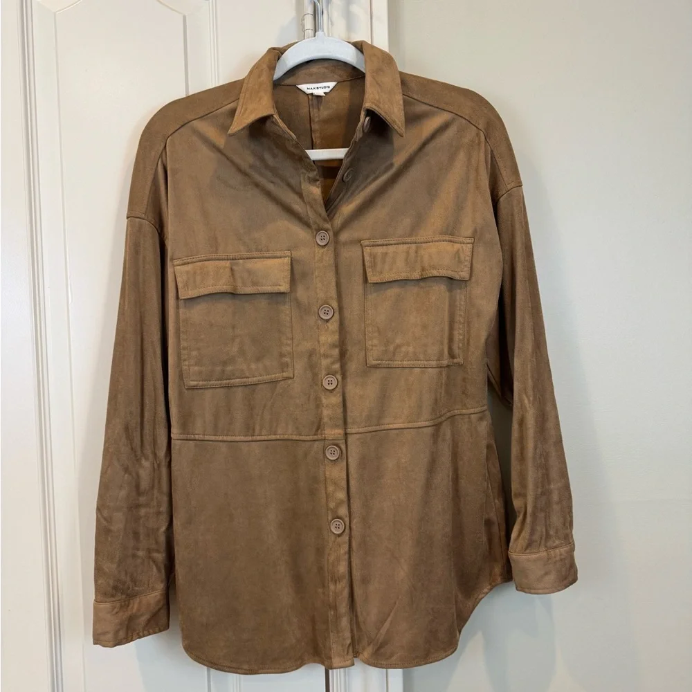 Brown suede like Button Down Shirt soft western max studio - Picture 2 of 7